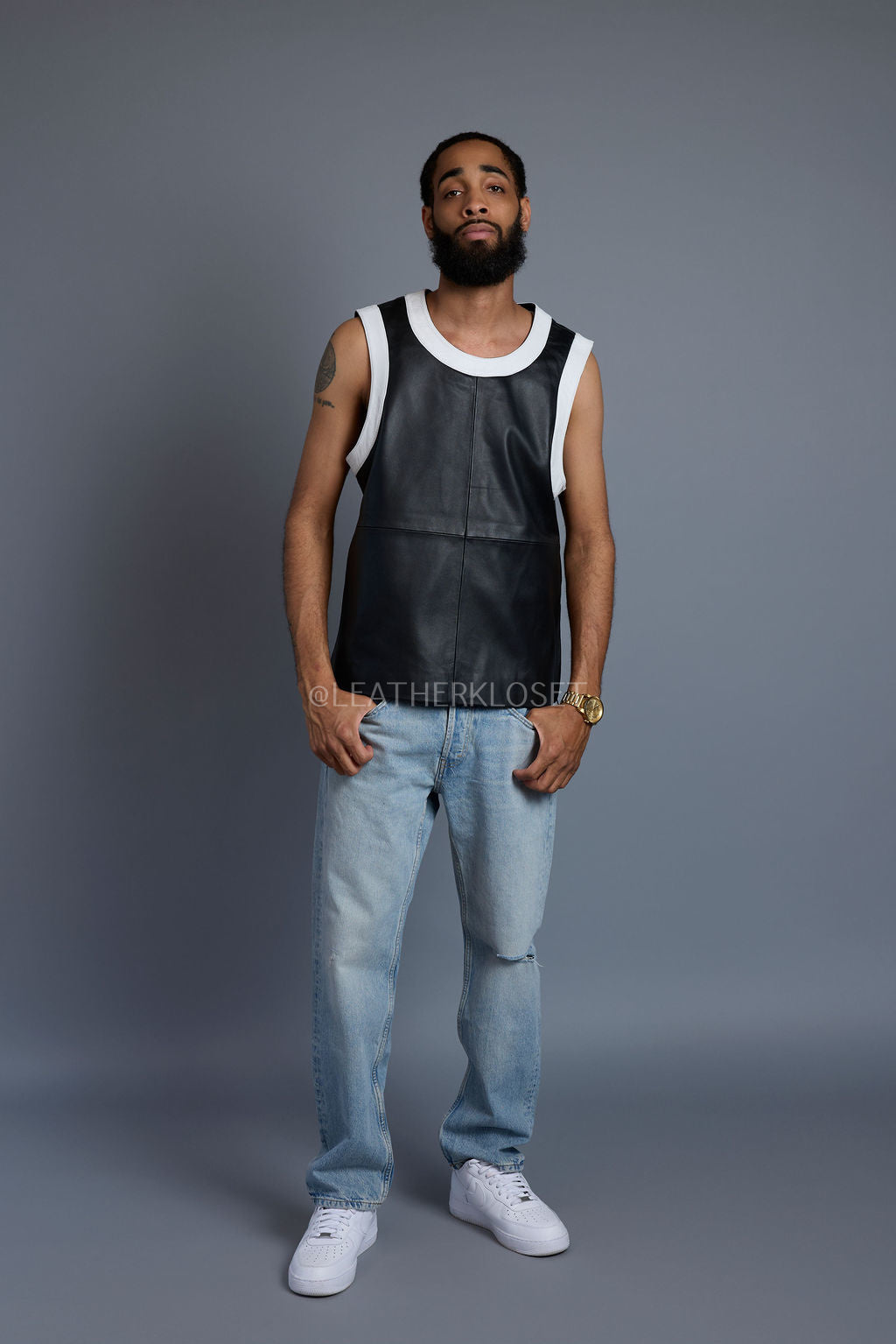 Men's Leather Crossover Leather Basketball Jersey [Black/White]
