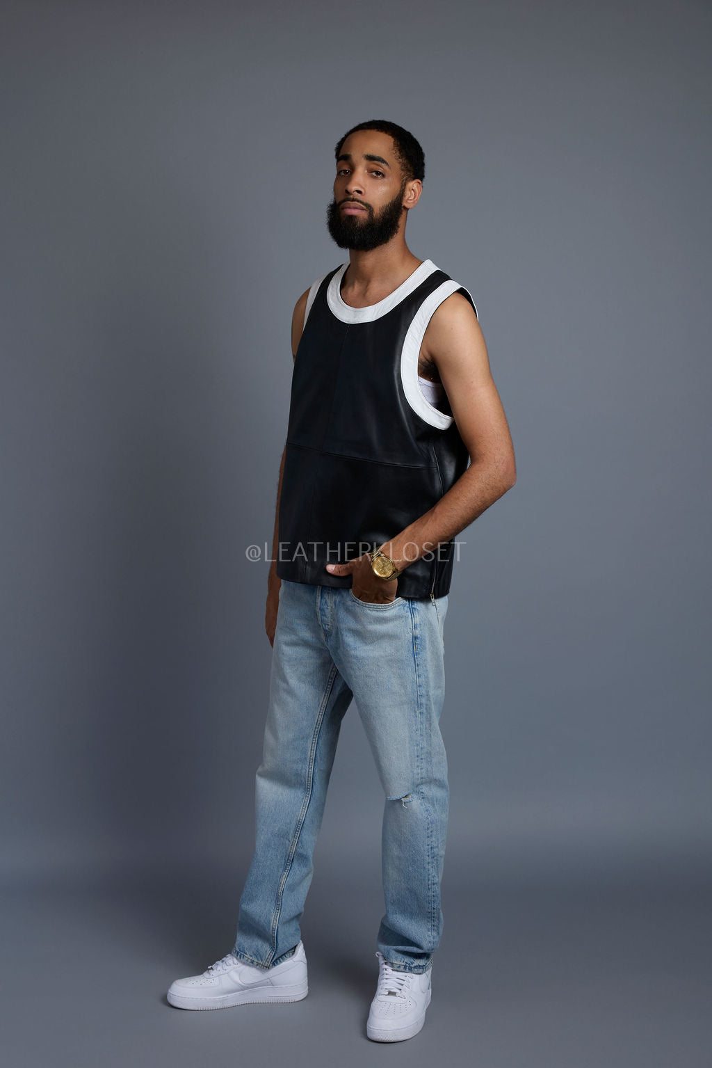 Men's Leather Crossover Leather Basketball Jersey [Black/White]