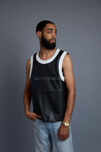Men's Leather Crossover Leather Basketball Jersey [Black/White]