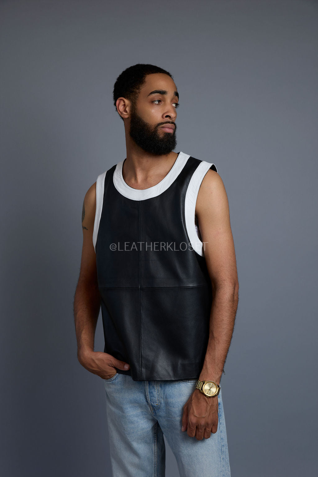 Men's Leather Crossover Leather Basketball Jersey [Black/White]
