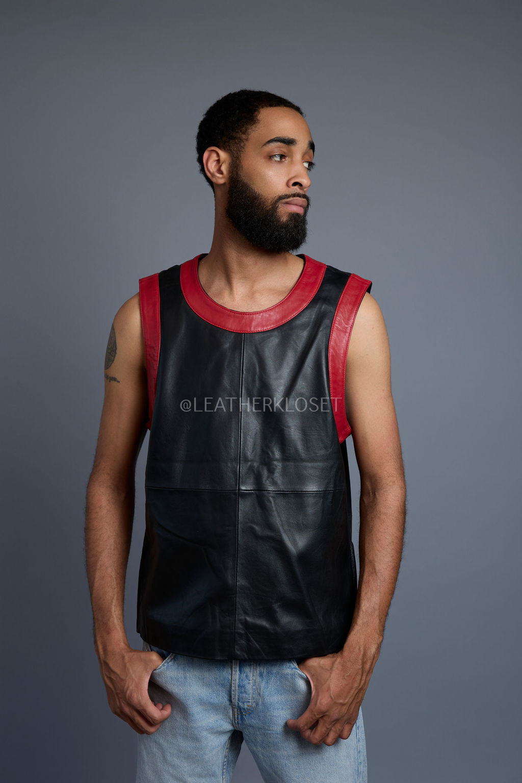 Men's Leather Crossover Leather Basketball Jersey [Black/Red]