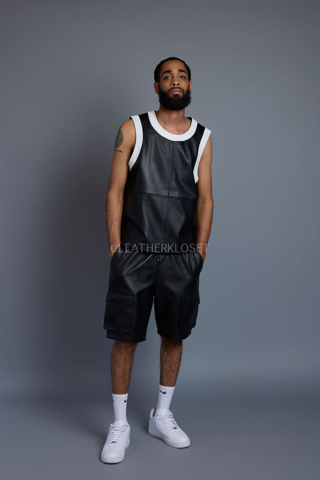 Men's Crossover Leather Basketball Jersey And Cargo Shorts [Black/Red]