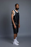 Men's Crossover Leather Basketball Jersey And Cargo Shorts [Black/Red]