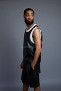 Men's Crossover Leather Basketball Jersey And Cargo Shorts [Black/Red]