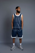 Men's Crossover Leather Basketball Jersey And Shorts [Navy/White]