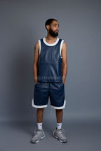 Men's Crossover Leather Basketball Jersey And Shorts [Navy/White]