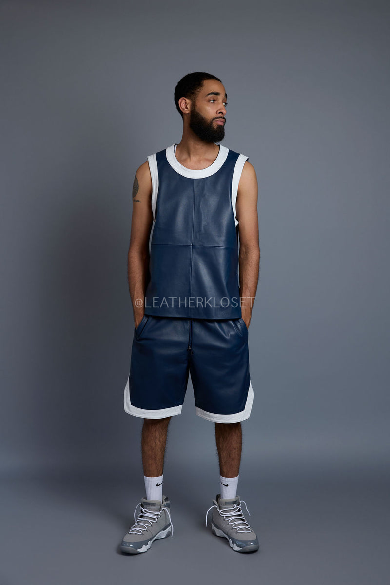 Men's Crossover Leather Basketball Jersey And Shorts [Navy/White]