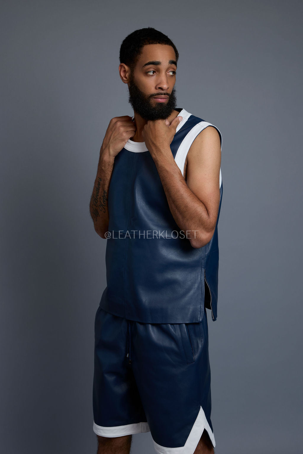 Men's Crossover Leather Basketball Jersey And Shorts [Navy/White]