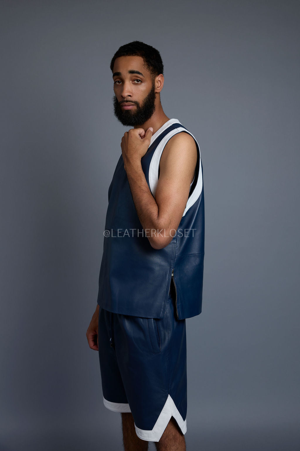 Men's Crossover Leather Basketball Jersey And Shorts [Navy/White]