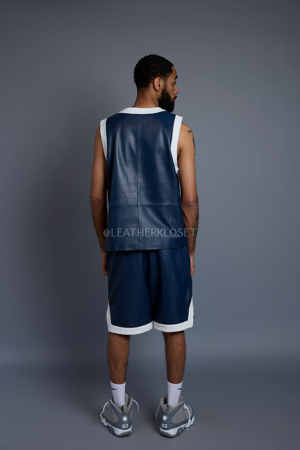 Men's Crossover Leather Basketball Jersey And Shorts [Navy/White]