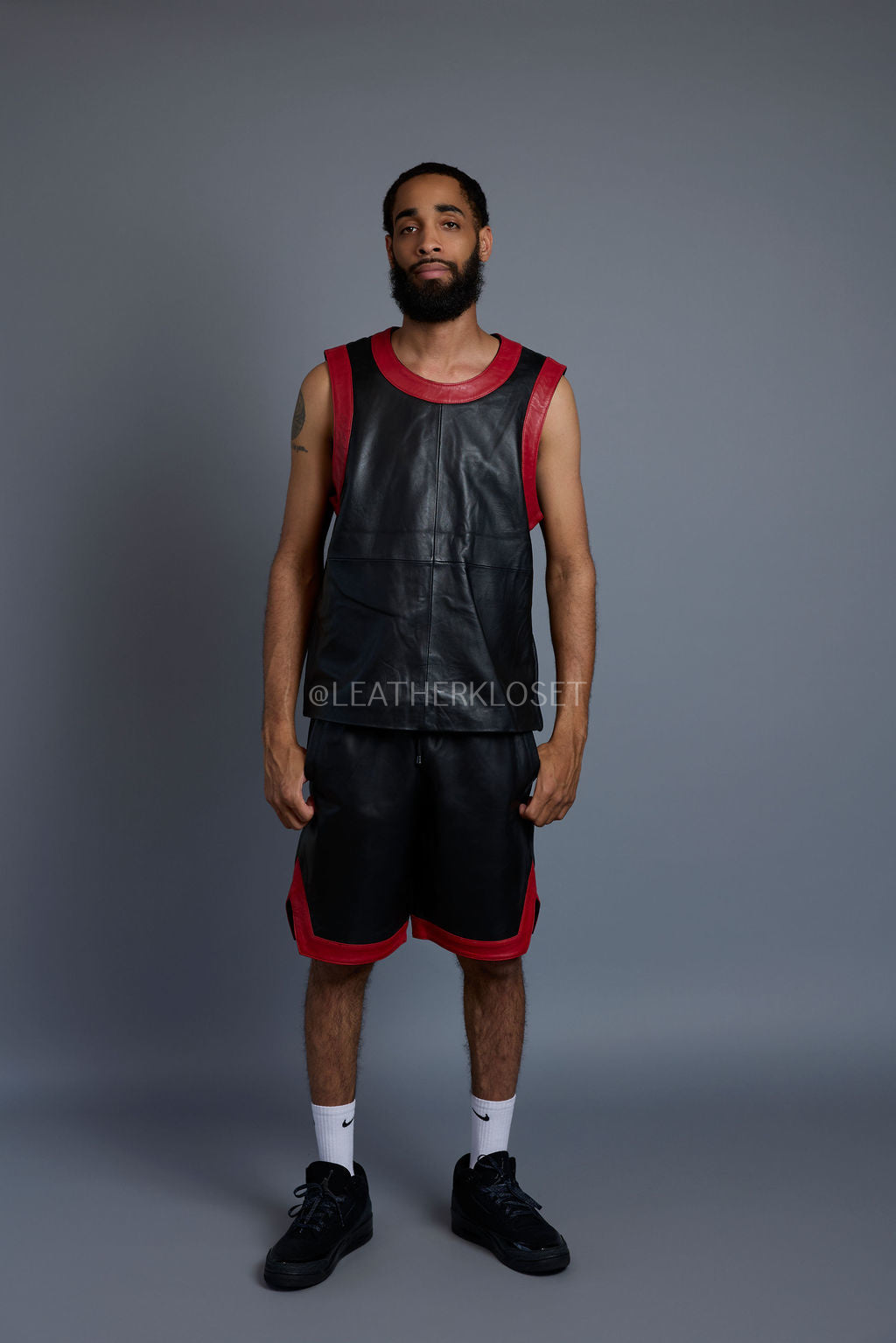 Men's Crossover Leather Basketball Jersey And Shorts [Black/Red]