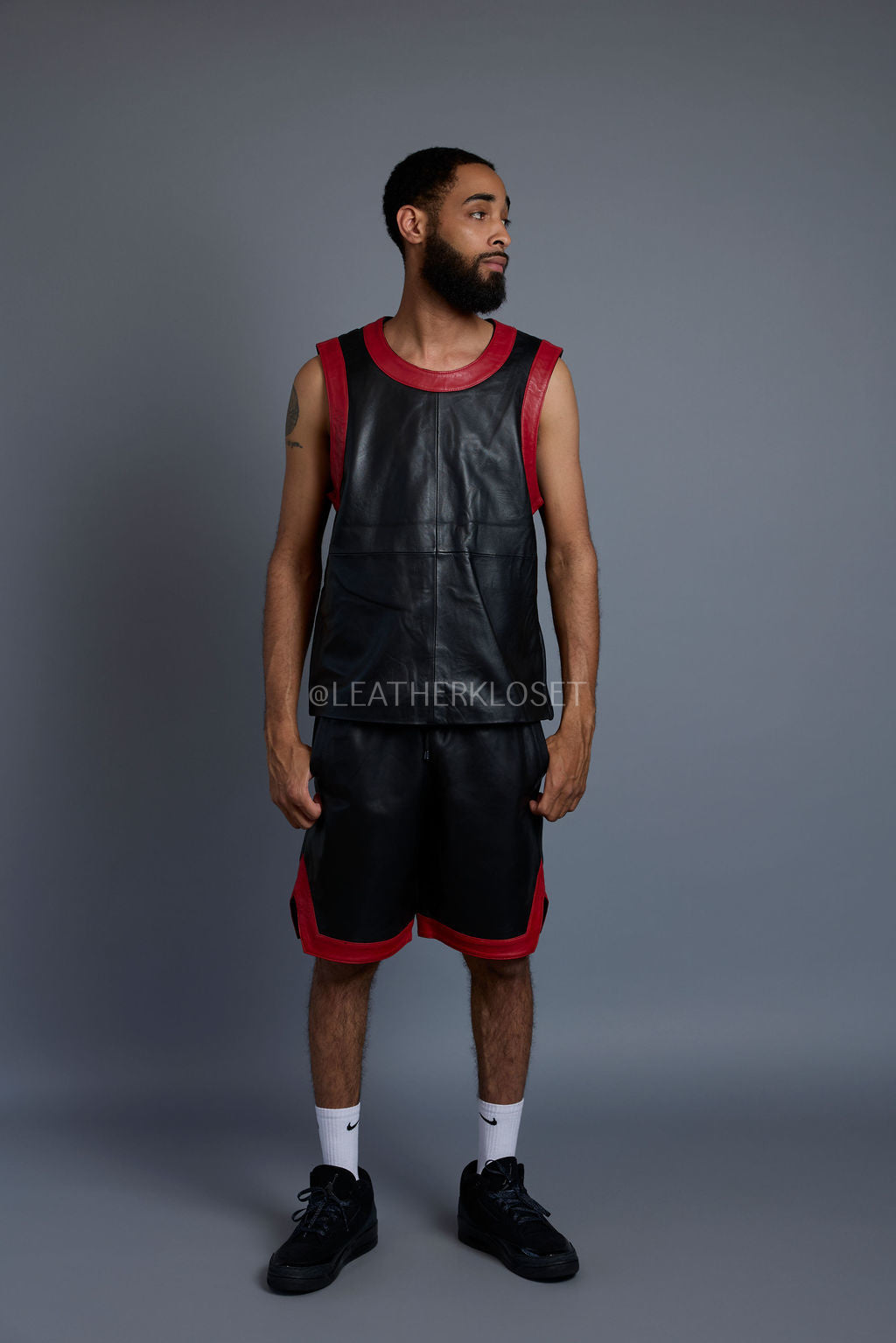 Men's Crossover Leather Basketball Jersey And Shorts [Black/Red