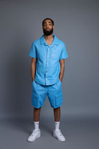 Men's Summer In Miami Leather Shirt And Cargo Shorts Set [Baby Blue]