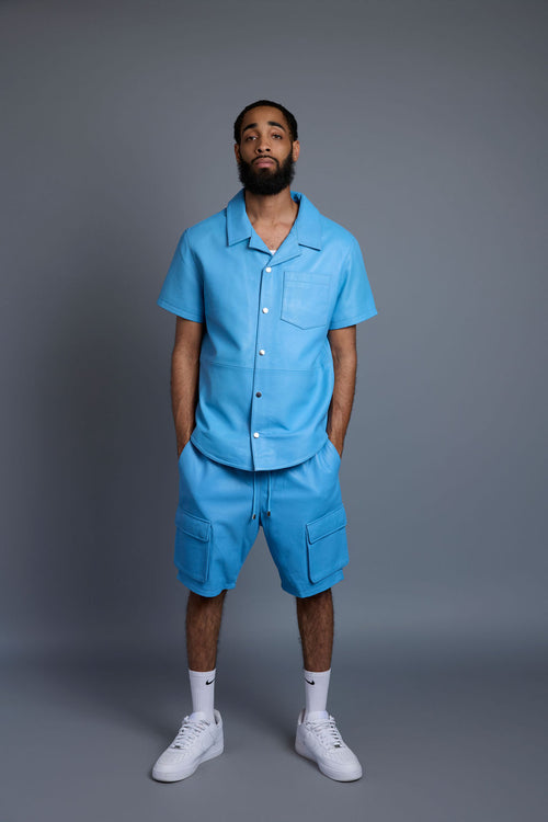 Men's Summer In Miami Leather Shirt And Cargo Shorts Set [Baby Blue]
