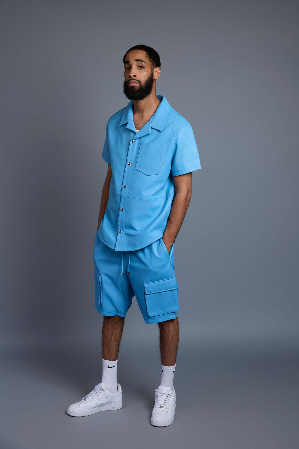 Men's Summer In Miami Leather Shirt And Cargo Shorts Set [Baby Blue]