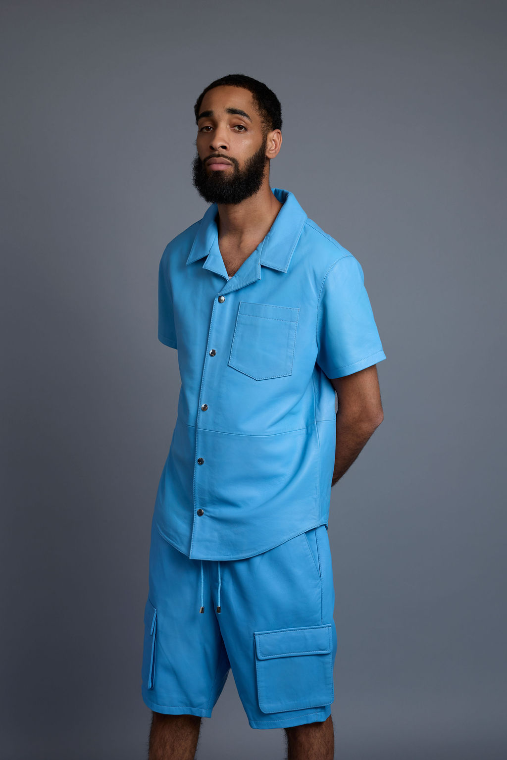 Men's Summer In Miami Leather Shirt And Cargo Shorts Set [Baby Blue]