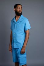 Men's Summer In Miami Leather Shirt And Cargo Shorts Set [Baby Blue]