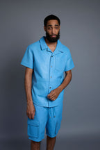 Men's Summer In Miami Leather Shirt And Cargo Shorts Set [Baby Blue]