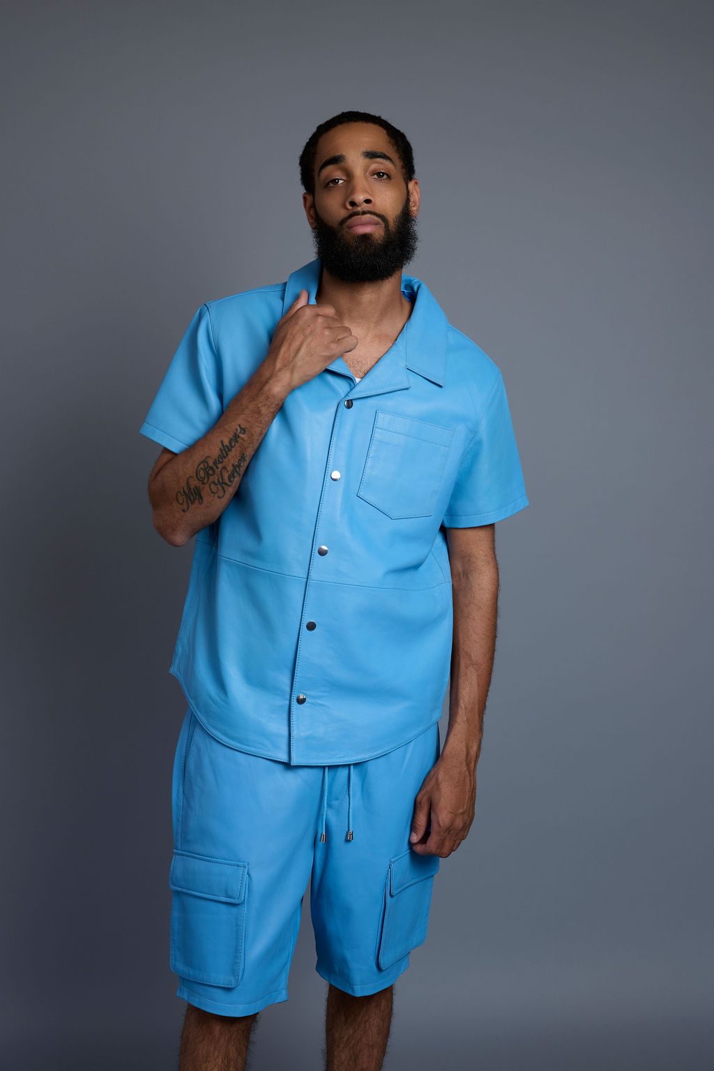 Men's Summer In Miami Leather Shirt And Cargo Shorts Set [Baby Blue]