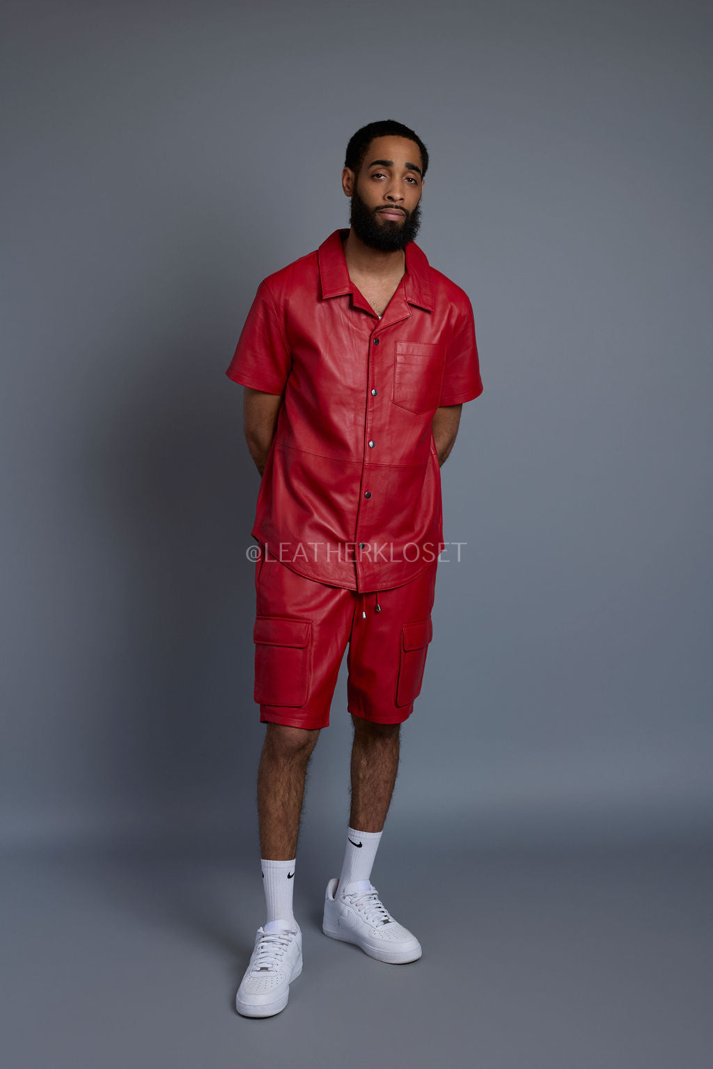 Men's Summer In Miami Leather Shirt And Cargo Shorts Set [Red]