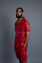 Men's Summer In Miami Leather Shirt And Cargo Shorts Set [Red]
