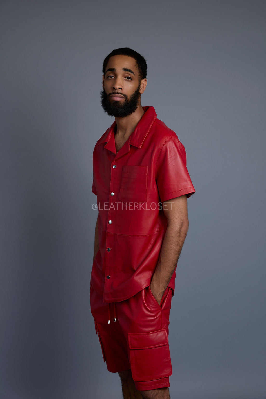 Men's Summer In Miami Leather Shirt And Cargo Shorts Set [Red]