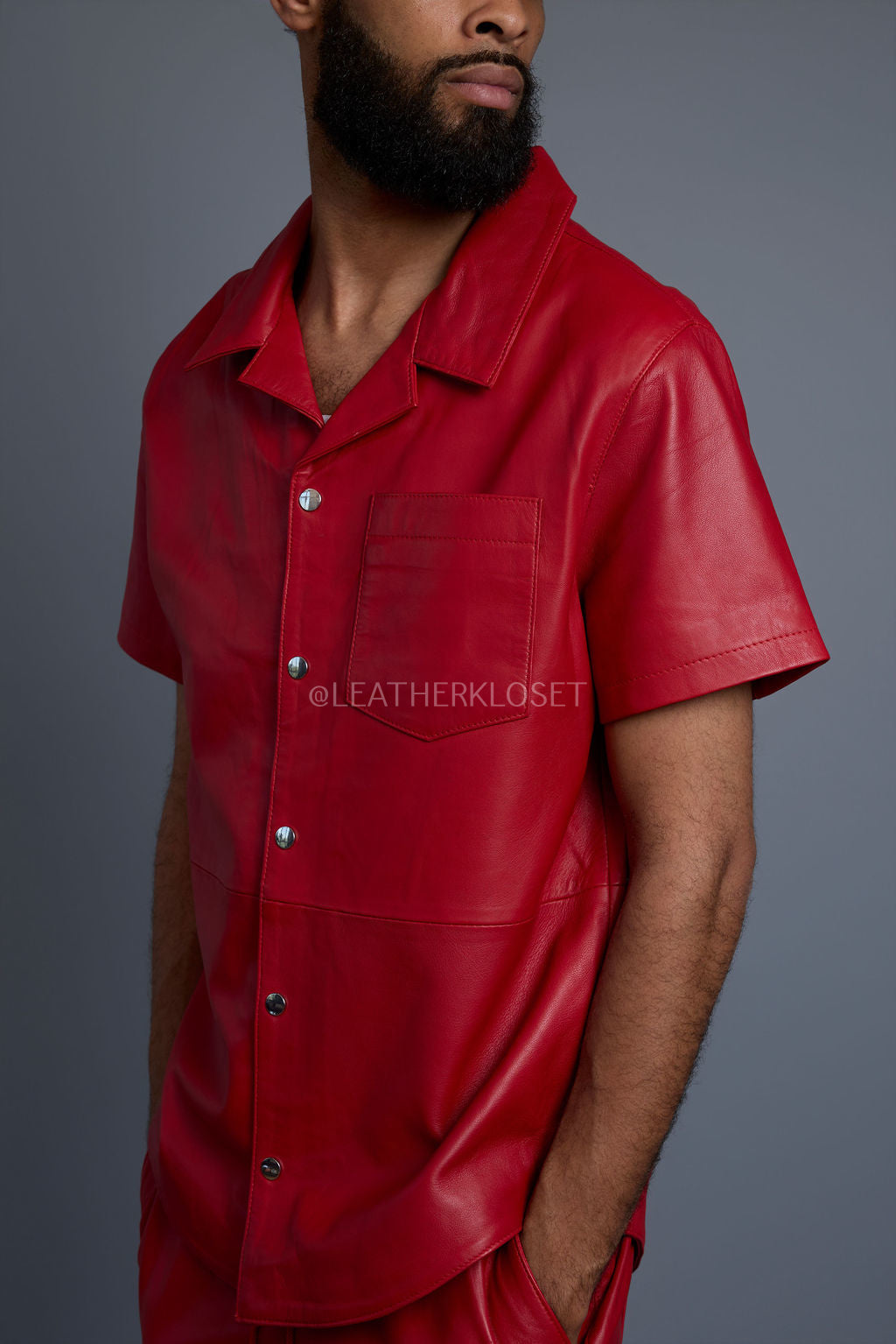 Men's Summer In Miami Leather Shirt And Cargo Shorts Set [Red]