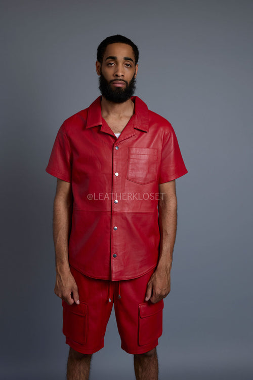 Men's Summer In Miami Leather Shirt And Cargo Shorts Set [Red]