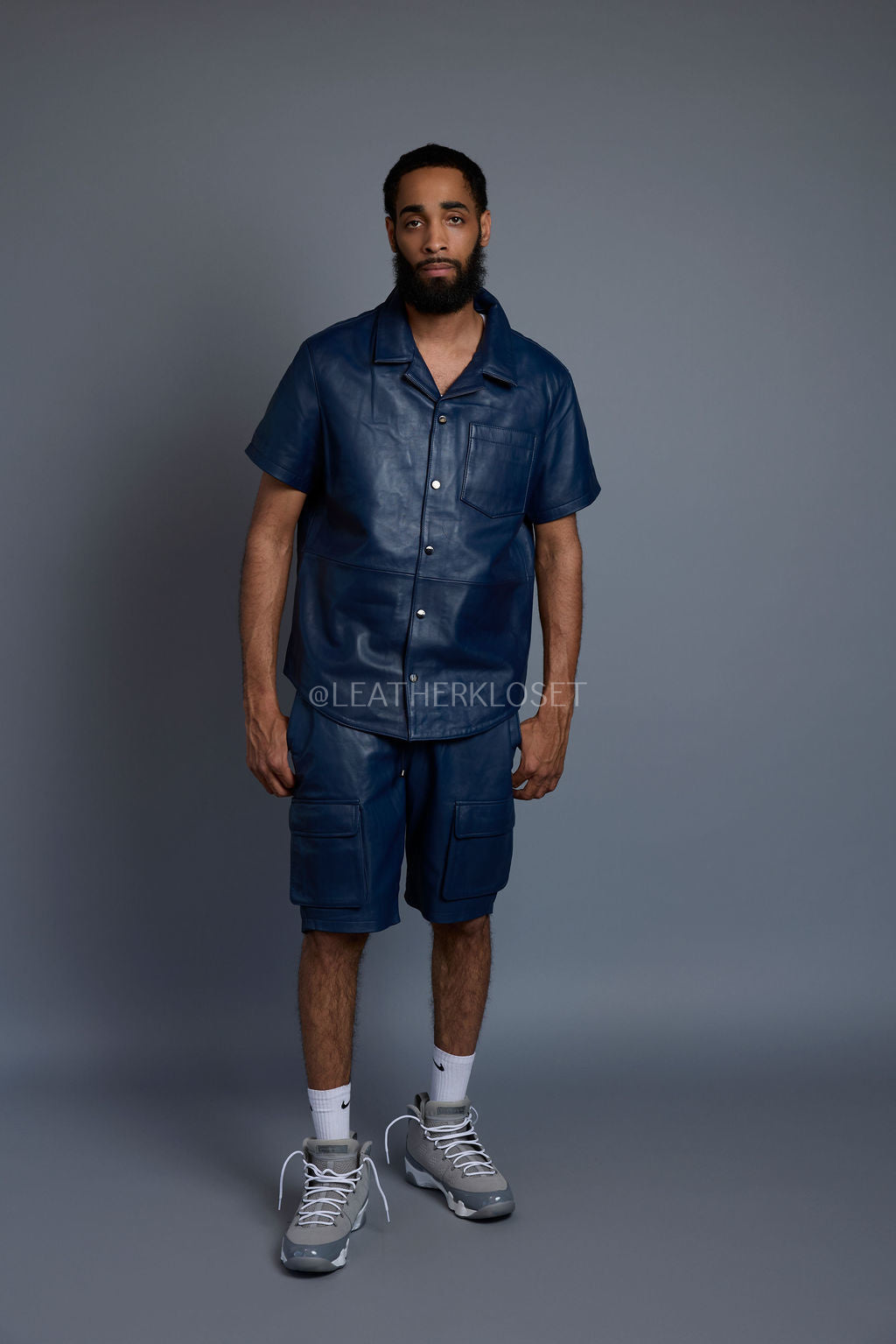 Men's Summer In Miami Leather Shirt And Cargo Shorts Set [Navy]