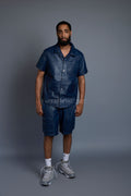 Men's Summer In Miami Leather Shirt And Cargo Shorts Set [Navy]