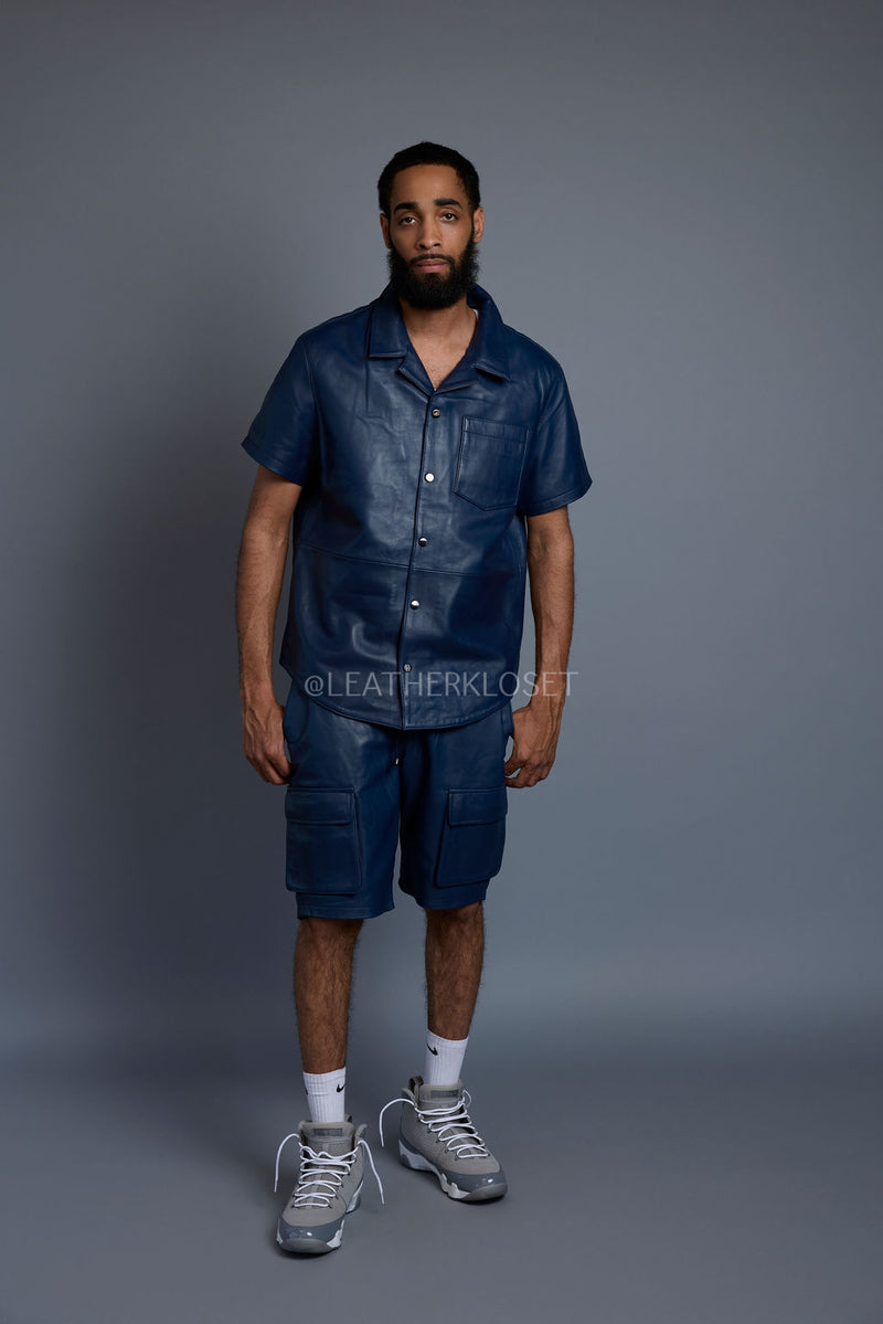 Men's Summer In Miami Leather Shirt And Cargo Shorts Set [Navy]