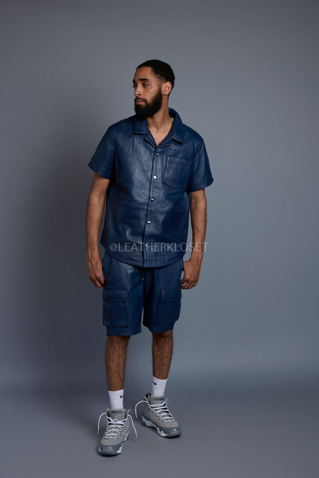 Men's Summer In Miami Leather Shirt And Cargo Shorts Set [Navy]