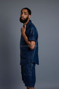 Men's Summer In Miami Leather Shirt And Cargo Shorts Set [Navy]