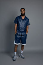Men's Summer In Miami Leather Shirt And Shorts Set [Navy Blue]