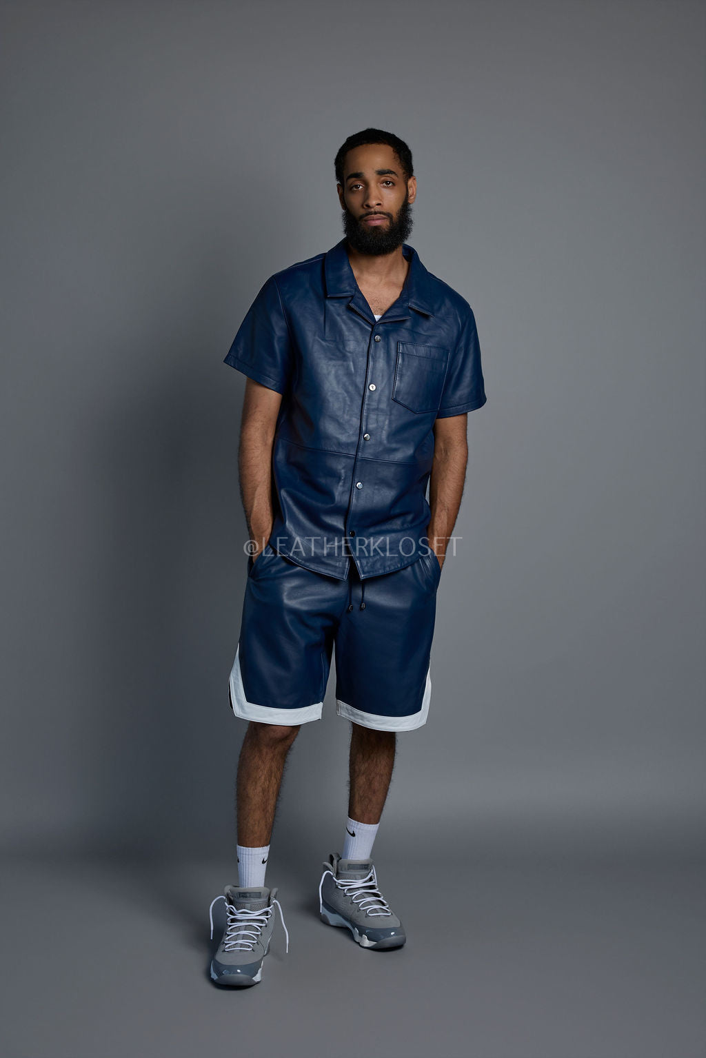 Men's Summer In Miami Leather Shirt And Shorts Set [Navy Blue]