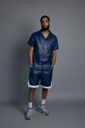 Men's Summer In Miami Leather Shirt And Shorts Set [Navy Blue]