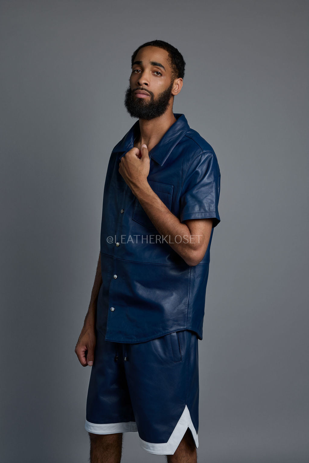 Men's Summer In Miami Leather Shirt And Shorts Set [Navy Blue]
