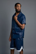 Men's Summer In Miami Leather Shirt And Shorts Set [Navy Blue]