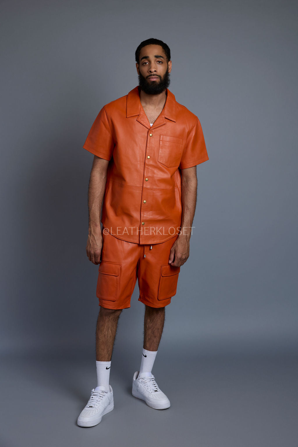 Men's Summer In Miami Leather Shirt And Cargo Shorts Set [Orange]