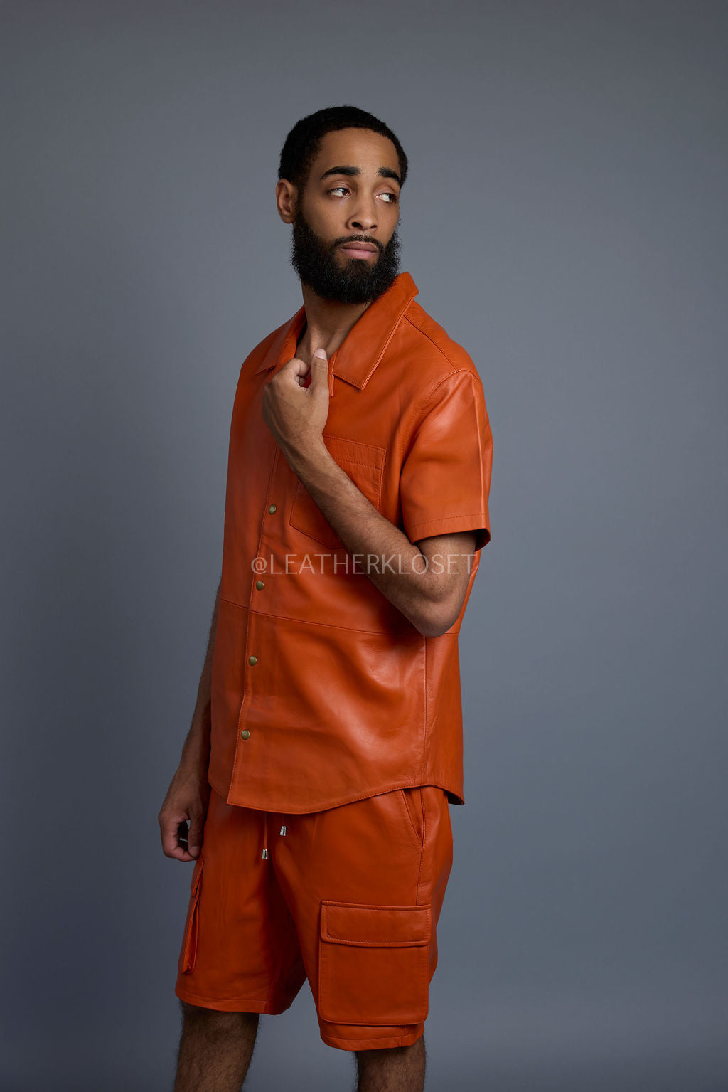 Men's Summer In Miami Leather Shirt And Cargo Shorts Set [Orange]