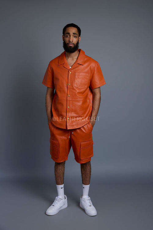Men's Summer In Miami Leather Shirt And Cargo Shorts Set [Orange]