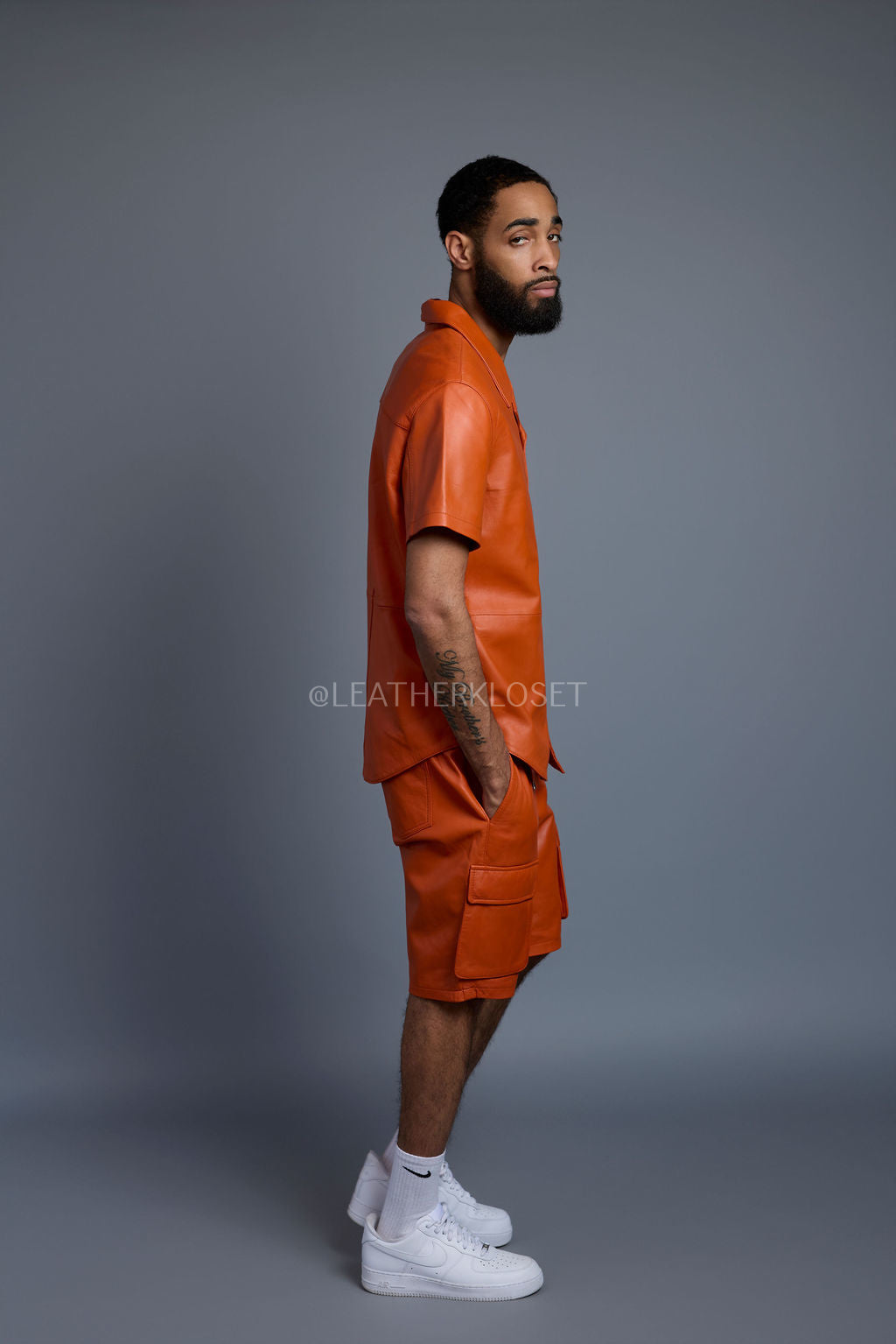Men's Summer In Miami Leather Shirt And Cargo Shorts Set [Orange]