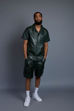 Men's Summer In Miami Leather Shirt And Cargo Shorts Set [Forest Green]