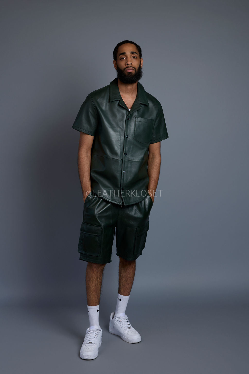 Men's Summer In Miami Leather Shirt And Cargo Shorts Set [Forest Green]