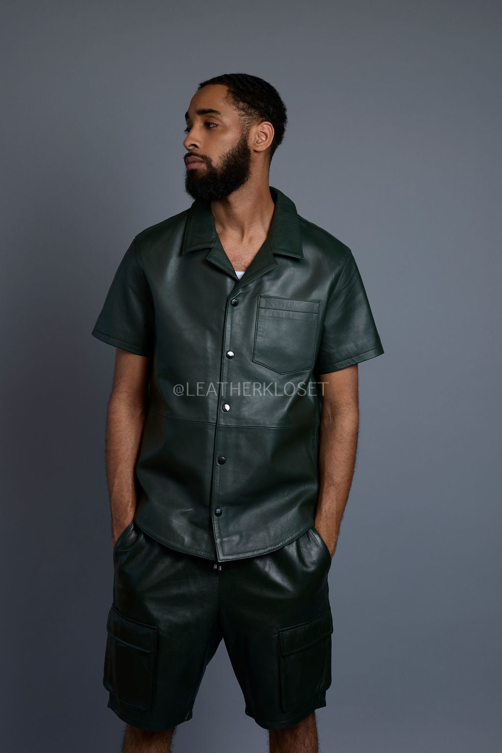 Men's Summer In Miami Leather Shirt And Cargo Shorts Set [Forest Green]
