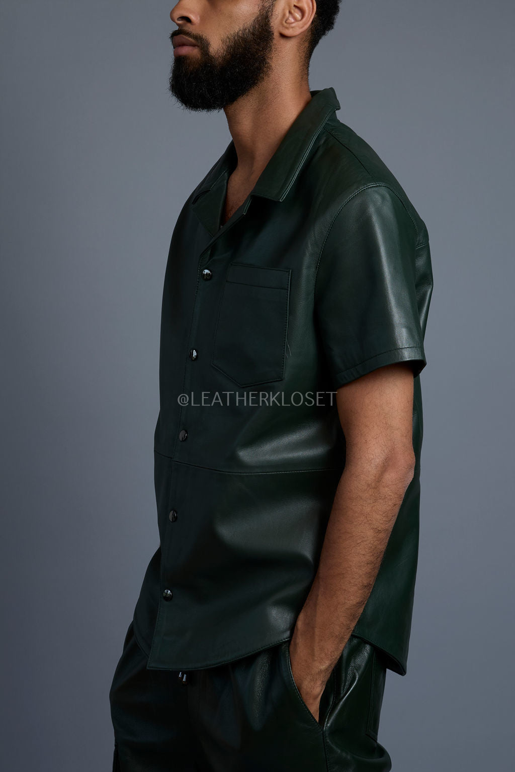 Men's Summer In Miami Leather Shirt And Cargo Shorts Set [Forest Green]