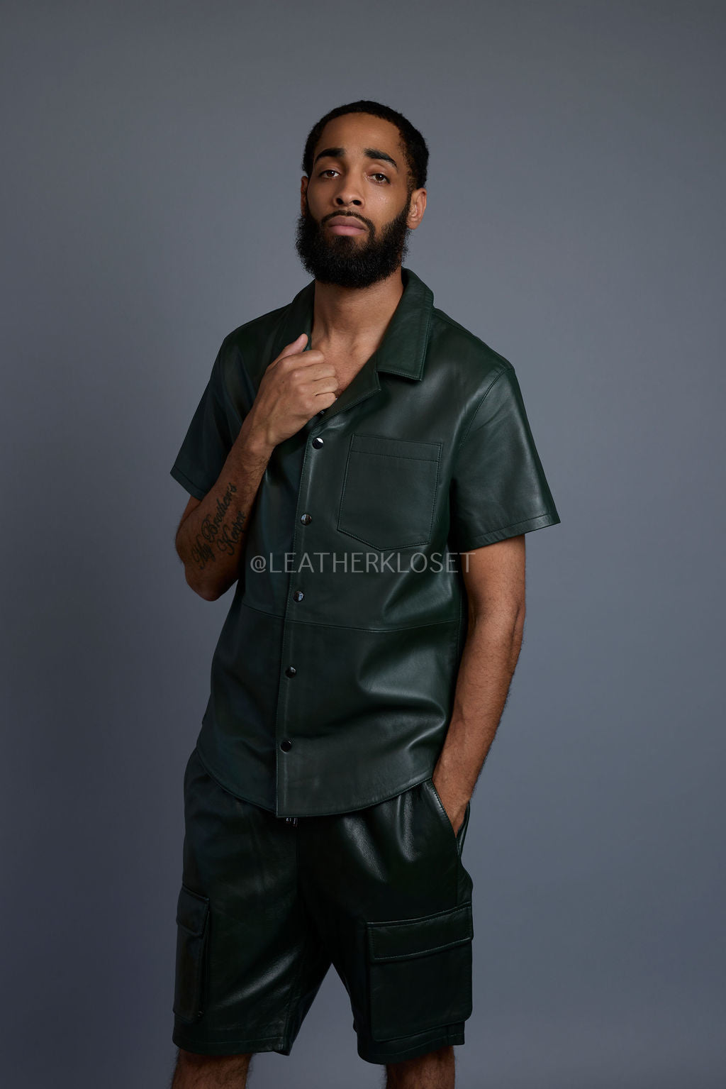 Men's Summer In Miami Leather Shirt And Cargo Shorts Set [Forest Green]
