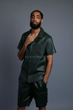 Men's Summer In Miami Leather Shirt And Cargo Shorts Set [Forest Green]