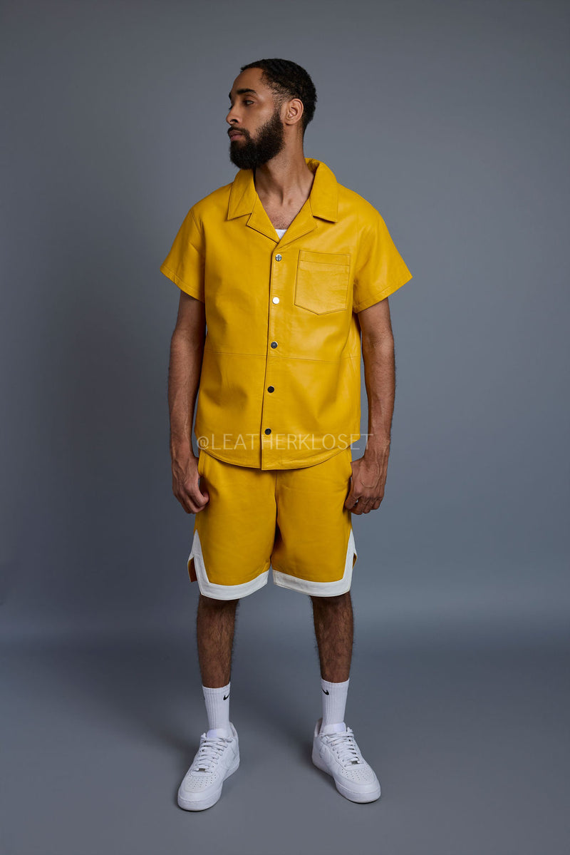 Men's Summer In Miami Leather Shirt And Shorts Set [Yellow]