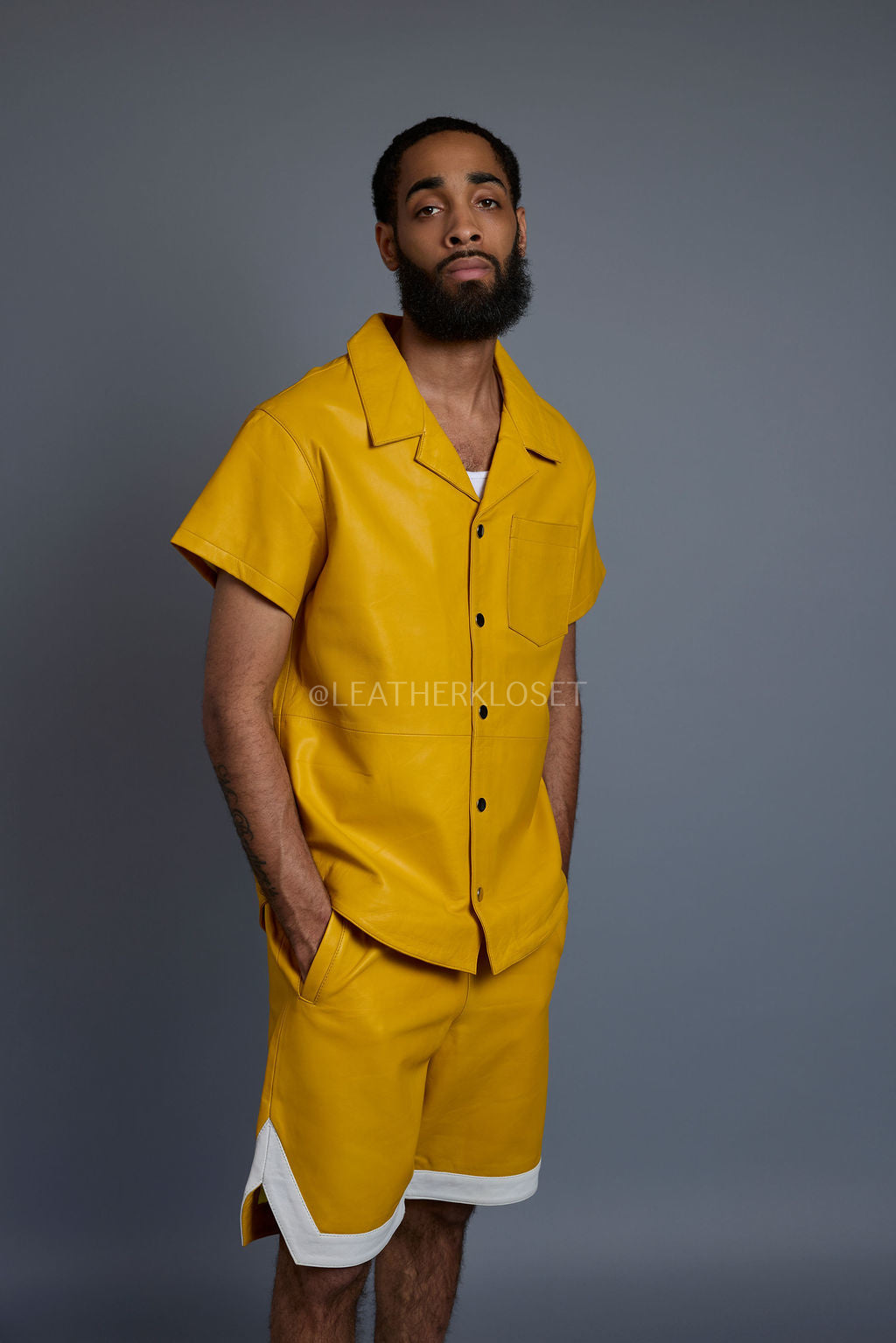 Men's Summer In Miami Leather Shirt And Shorts Set [Yellow]